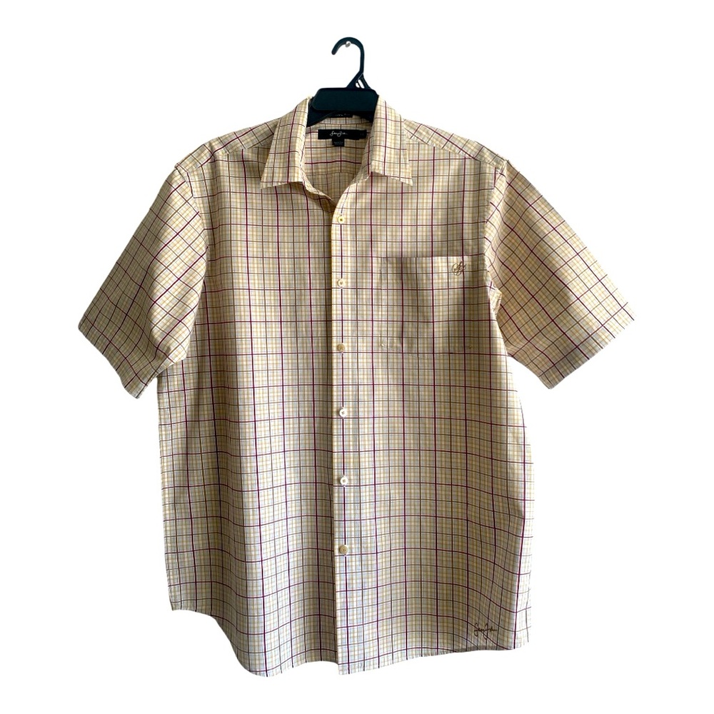 Sean John XXL Men’s Classic Fit Beige/Burgundy‎ Stripe Cotton Short Sleeve Shirt